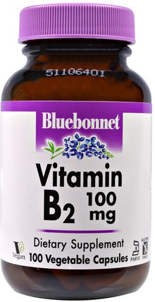 Vitamin B2, 100 mg, 100 Veggie Caps by Bluebonnet Nutrition, 維生素，維生素b2 - 核黃素 HK 香港