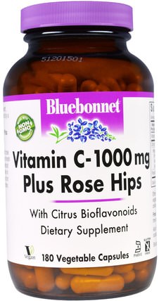 Vitamin C - 1000 mg Plus Rose Hips, 180 Veggie Caps by Bluebonnet Nutrition, 維生素，維生素C生物類黃酮玫瑰果 HK 香港