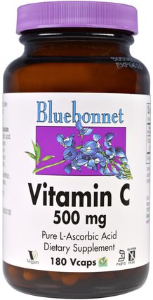 Vitamin C, 500 mg, 180 Vcaps by Bluebonnet Nutrition, 維生素，維生素C抗壞血酸 HK 香港