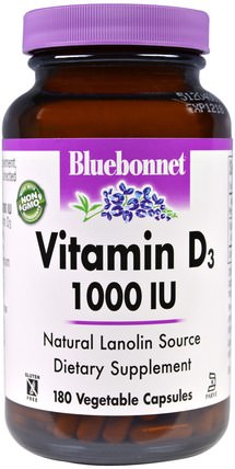 Vitamin D3, 1000 IU, 180 Veggie Caps by Bluebonnet Nutrition, 維生素，維生素D3 HK 香港