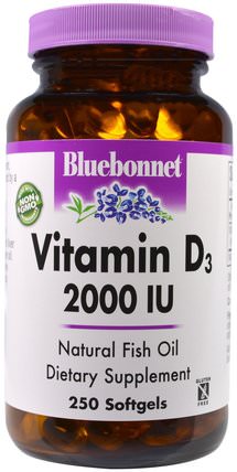 Vitamin D3, 2.000 IU, 250 Softgels by Bluebonnet Nutrition, 維生素，維生素D3 HK 香港
