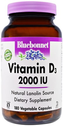 Vitamin D3, 2000 IU, 180 Veggie Caps by Bluebonnet Nutrition, 維生素，維生素D3 HK 香港