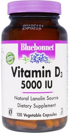 Vitamin D3, 5000 IU, 120 Veggie Caps by Bluebonnet Nutrition, 維生素，維生素D3 HK 香港