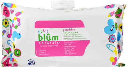 Baby, Sensitive, Baby Wipes, Fragrance Free, 72 Wipes by Blum Naturals, 兒童健康，尿布，嬰兒濕巾 HK 香港