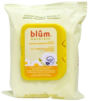 Daily Cleansing & Makeup Remover Towelettes, 30 Thick Towelettes by Blum Naturals, 美容，面部護理，面部濕巾，洗面奶 HK 香港