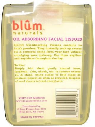 Oil Absorbing Facial Tissues, 50 Sheets by Blum Naturals, 美容，面部護理，面部濕巾 HK 香港