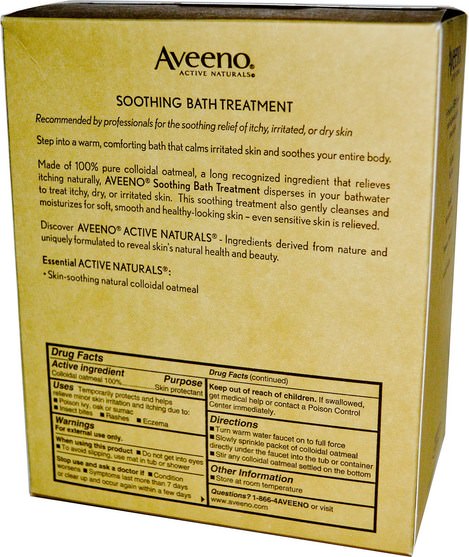 身體，濕疹治療 - Aveeno, Active Naturals, Soothing Bath Treatment, Fragrance Free, 8 Single Use Bath Packets .1.5 oz (42 g) Each.