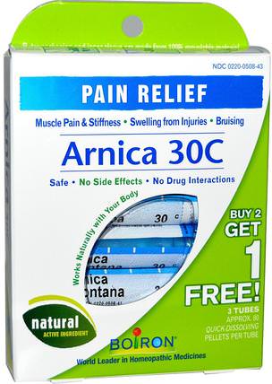 Single Remedies, Arnica 30C, 3 Tubes, 80 Pellets Each by Boiron, 補品，順勢療法，關節和肌肉疼痛，順勢療法緩解疼痛 HK 香港