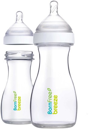 Breeze, Baby Bottles, Glass, Medium Flow, 1m+, 2 Pack, 9 oz (266 ml) Each by Born Free, 兒童健康，嬰兒餵養，嬰兒奶瓶，兒童食品 HK 香港