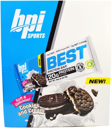 Best Protein Bars, Cookies and Cream, 12 Bars, 2.26 oz (64 g) Each by BPI Sports, 運動，蛋白質棒 HK 香港