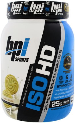 ISO HD, 100% Whey Protein Isolate & Hydrolysate, Vanilla Cookie, 1.7 lbs (759 g) by BPI Sports, 補充劑，乳清蛋白，bpi運動力量和力量 HK 香港
