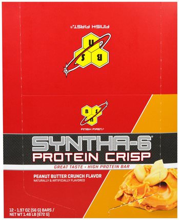 Syntha-6 Protein Crisp, Peanut Butter Crunch Flavor, 12 Bars, 1.97 oz (56 g) Each by BSN, 運動蛋白質，運動，蛋白質棒 HK 香港