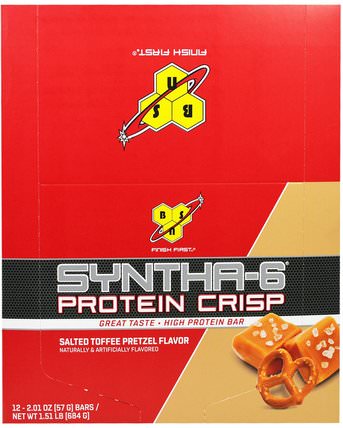 Syntha-6 Protein Crisp, Salted Toffee Pretzel Flavor, 12 Bars, 2.01 oz (57 g) by BSN, 運動蛋白質，運動，蛋白質棒 HK 香港