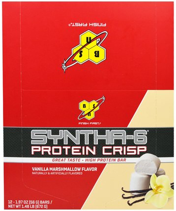 Syntha-6 Protein Crisp, Vanilla Marshmallow Flavor, 12 Bars, 1.97 oz (56 g) Each by BSN, 運動蛋白質，運動，蛋白質棒 HK 香港