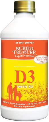 Liquid Nutrients, D3 with K2, 16 fl oz (473 ml) by Buried Treasure, 維生素D3，埋藏寶多種維生素和礦物質，維生素D3液 HK 香港