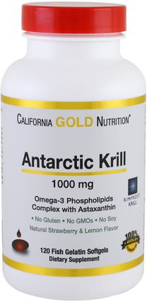 CGN, Antarctic Krill Oil, with Astaxanthin, RIMFROST, Natural Strawberry & Lemon Flavor, 1000 mg, 120 Fish Gelatin Softgels by California Gold Nutrition, cgn磷蝦油，補充劑，efa omega 3 6 9（epa dha） HK 香港