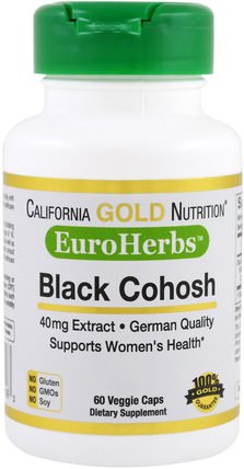 CGN, EuroHerbs, Black Cohosh Extract, 40 mg, 60 Veggie Caps by California Gold Nutrition, cgn euroherbs，健康，女性 HK 香港