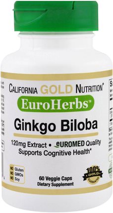 CGN, EuroHerbs, Gingko Biloba Extract, 120 mg, 60 Veggie Caps by California Gold Nutrition, cgn euroherbs，健康，大腦 HK 香港