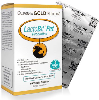 CGN, LactoBif Pet Probiotics, 5 Billion CFU, 60 Veggie Caps by California Gold Nutrition, cgn lactobif益生菌，寵物護理，寵物貓 HK 香港