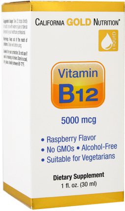 CGN, Vitamin B12 Liquid, Alcohol Free, Raspberry, 5000 mcg, 1 fl oz (30 ml) by California Gold Nutrition, 維生素，維生素b，維生素b12，維生素b12 - 液體 HK 香港