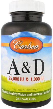A & D, 25.000 IU, 250 Soft Gels by Carlson Labs, 維生素，維生素a和d HK 香港