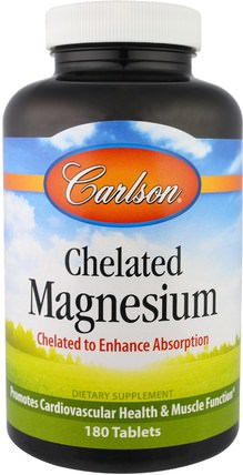 Chelated Magnesium, 180 Tablets by Carlson Labs, 補充劑，礦物質，甘氨酸鎂 HK 香港