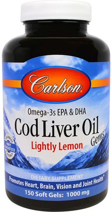 Cod Liver Oil Gems, Lightly Lemon, 1000 mg, 150 Soft Gels by Carlson Labs, 補充劑，efa omega 3 6 9（epa dha），魚油 HK 香港