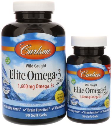 Elite Omega-3 Gems, Natural Lemon, 1.600 mg, 90 Soft Gels + 30 Soft Gels Free by Carlson Labs, 補充劑，efa omega 3 6 9（epa dha），魚油 HK 香港
