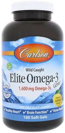 Elite Omega-3 Gems, Natural Lemon Flavor, 180 Soft Gels by Carlson Labs, 補充劑，efa omega 3 6 9（epa dha），魚油，魚油軟膠囊 HK 香港