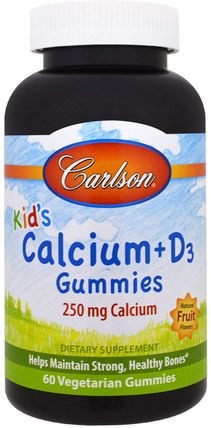 Kids Calcium + D3 Gummies, Natural Fruit Flavors, 250 mg, 60 Vegetarian Gummies by Carlson Labs, 補充劑，礦物質，鈣，咀嚼鈣，兒童健康，兒童補品 HK 香港