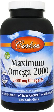 Maximum Omega 2000, 2.000 mg, 180 Softgels by Carlson Labs, 補充劑，efa omega 3 6 9（epa dha），魚油 HK 香港