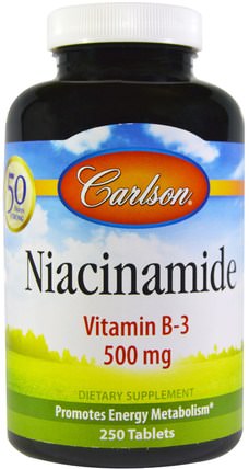 Niacinamide, 500 mg, 250 Tablets by Carlson Labs, 維生素，維生素b，維生素b3，維生素b3 - 菸酸 HK 香港