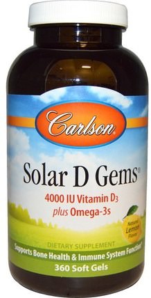 Solar D Gems, Natural Lemon Flavor, 4000 IU, 360 Soft Gels by Carlson Labs, 維生素，維生素D3 HK 香港