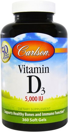 Vitamin D3, 5.000 IU, 360 Soft Gels by Carlson Labs, 維生素，維生素D3 HK 香港