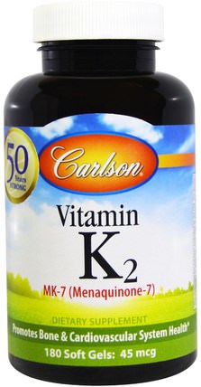 Vitamin K2 MK-7 (Menaquinone-7), 45 mcg, 180 Soft Gels by Carlson Labs, 維生素，維生素K HK 香港