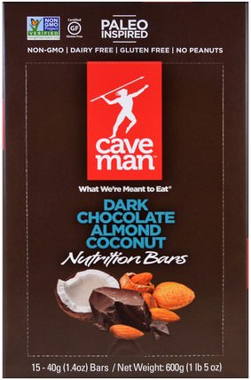 Nutrition Bars, Dark Chocolate Almond Coconut, 15 Bars, 1.4 oz (40 g) Each by Caveman Foods, 補品，營養棒，小吃 HK 香港