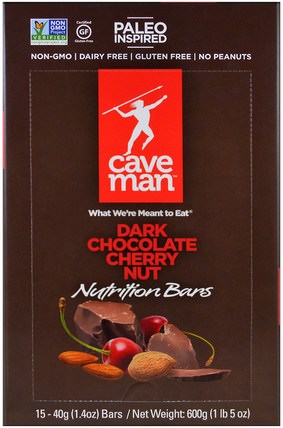 Nutrition Bars, Dark Chocolate Cherry Nut, 15 Bars, 1.4 oz (40 g) Each by Caveman Foods, 補充劑，營養棒，食物 HK 香港