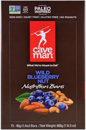 Nutrition Bars, Wild Blueberry Nut, 15 Bars, 1.4 oz (40 g) Each by Caveman Foods, 補充劑，營養棒，食物 HK 香港