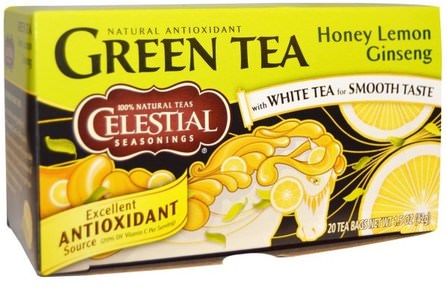Green Tea, Honey Lemon Ginseng, 20 Tea Bags, 1.5 oz (42 g) by Celestial Seasonings, 天體調味料，天體調味料綠茶，adaptogen HK 香港