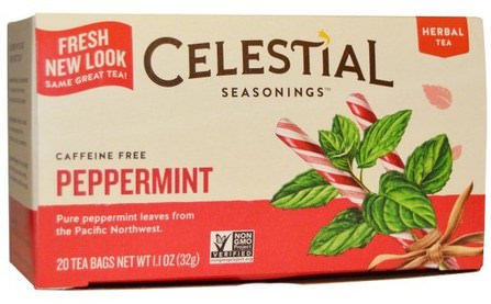 Herbal Tea, Peppermint, Caffeine Free, 20 Tea Bags, 1.1 oz (32 g) by Celestial Seasonings, 天體調味料，食物，薄荷茶 HK 香港