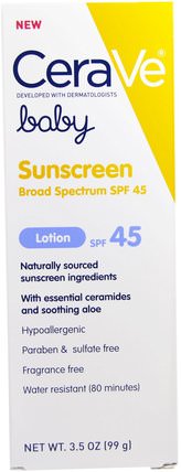 Baby, Sunscreen Lotion, SPF 45, 3.5 oz (99 g) by CeraVe, 洗澡，美容，防曬霜，spf 30-45，兒童和嬰兒防曬霜 HK 香港