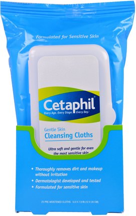 Gentle Skin Cleansing Cloths, 25 Pre-Moistened Cloths, 5.0 x 7.9 (12 x 20 cm) by Cetaphil, 美容，面部護理，面部濕巾 HK 香港