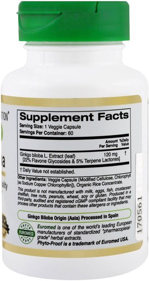 cgn euroherbs，健康，大腦 - California Gold Nutrition, CGN, EuroHerbs, Gingko Biloba Extract, 120 mg, 60 Veggie Caps