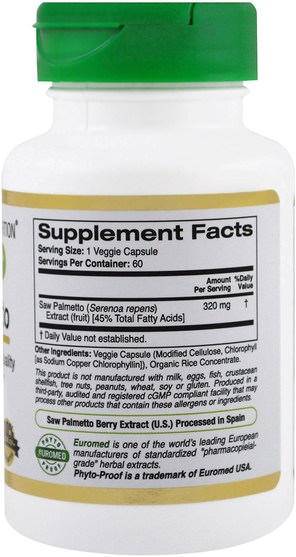 cgn euroherbs，健康，男人 - California Gold Nutrition, CGN, EuroHerbs, Saw Palmetto Extract, 320 mg, 60 Veggie Caps