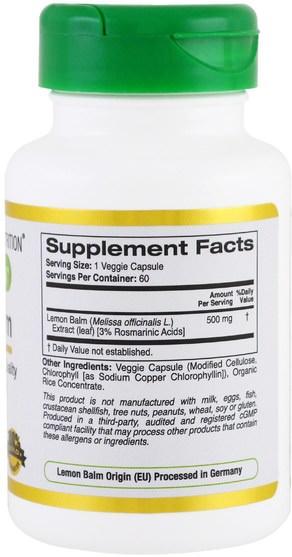 cgn euroherbs，草藥，檸檬香蜂蜜梅麗莎 - California Gold Nutrition, CGN, EuroHerbs, Lemon Balm Extract, 500 mg, 60 Veggie Caps