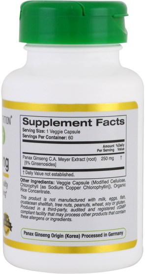 cgn euroherbs，補充劑，adaptogen - California Gold Nutrition, CGN, EuroHerbs, Panax Ginseng Extract, 250 mg, 60 Veggie Caps