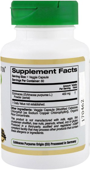 cgn euroherbs，補充劑，紫錐花 - California Gold Nutrition, CGN, EuroHerbs, Echinacea, 400 mg, 60 Veggie Caps