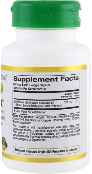 cgn euroherbs，補充劑，紫錐花 - California Gold Nutrition, CGN, EuroHerbs, Echinacea Extract, 125 mg, 60 Veggie Caps