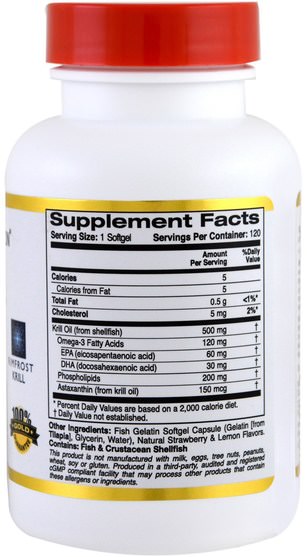 cgn磷蝦油，補充劑，efa omega 3 6 9（epa dha） - California Gold Nutrition, CGN, Antarctic Krill Oil, with Astaxanthin, RIMFROST, Natural Strawberry & Lemon Flavor, 500 mg, 120 Fish Gelatin Softgels