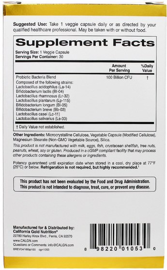 cgn lactobif益生菌，補充劑，益生菌 - California Gold Nutrition, CGN, LactoBif Probiotics, 100 Billion CFU, 30 Veggie Caps